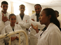 Dr. Mulu Muleta speaks to surgeon trainees at Gondar University Teaching Hospital.